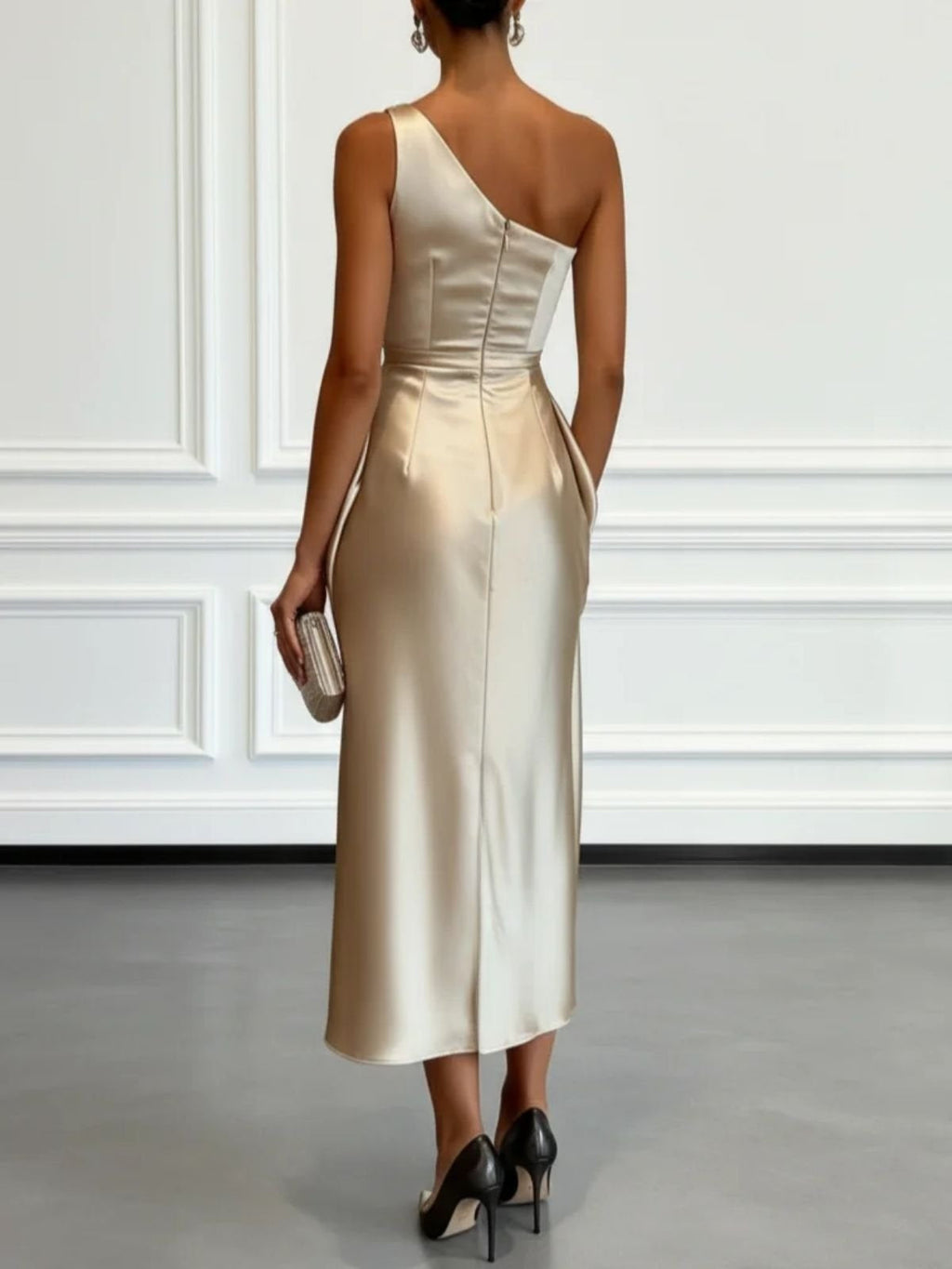 Off-the-shoulder Satin Pleated Midi Dress