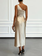 Off-the-shoulder Satin Pleated Midi Dress
