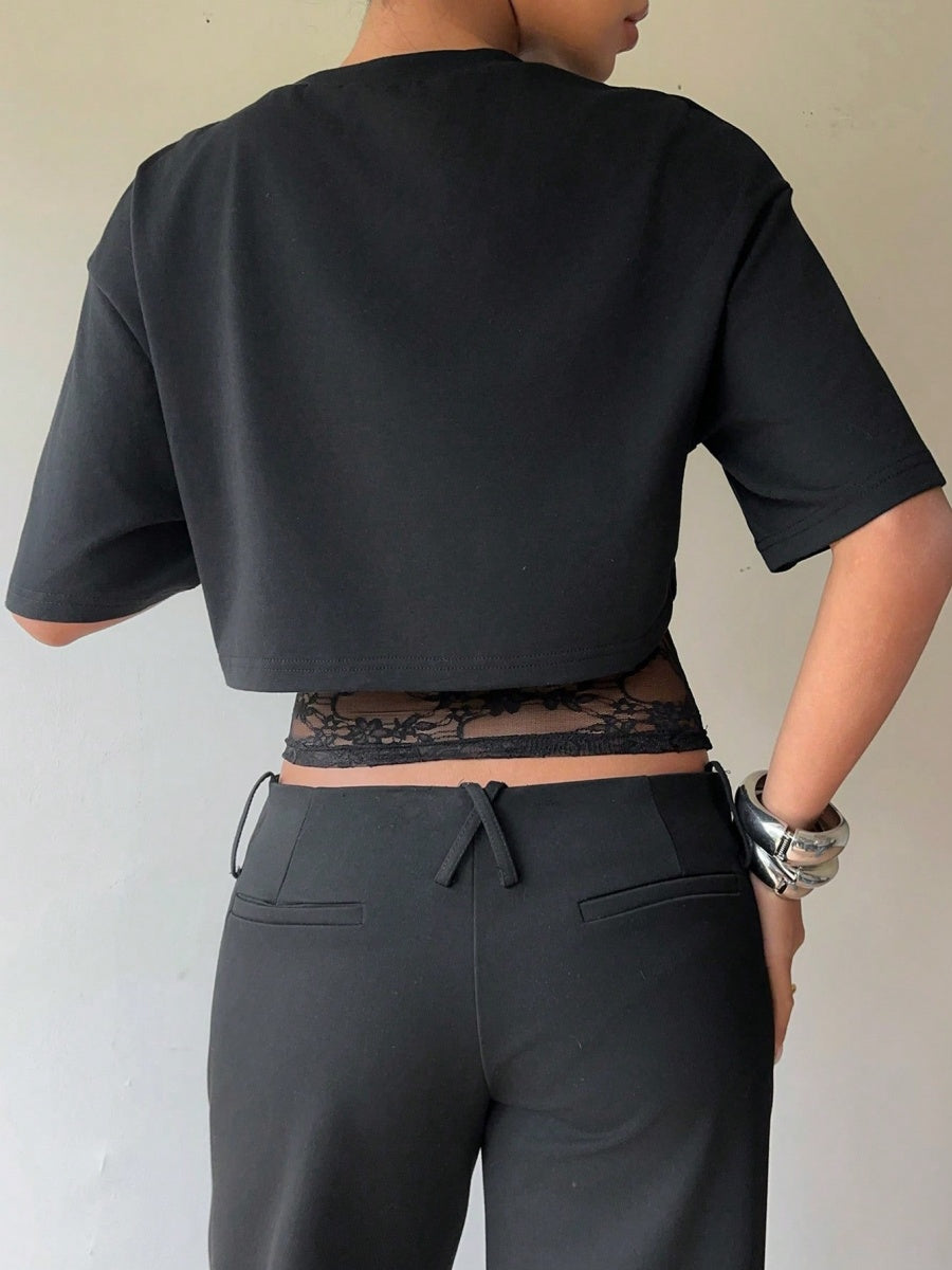 Layered-look Lace Splicing Slim-fit Hollow Sexy Short Sleeve T-shirts