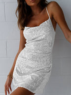 Sequin Cowl Neck Spaghetti Strap Side Slit Bodycon Mini Dress