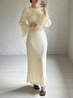 Pleated Bell Sleeve Round Neck Smocked Waist Maxi Dress