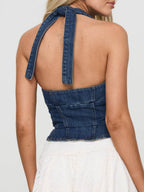 Denim Tie Buttons Halter V-neck Tank Tops&Camis