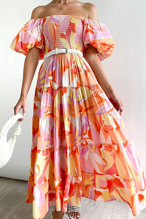 Off Shoulder Smocked Tiered Abstract Circle Print Maxi Dress
