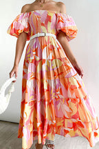 Off Shoulder Smocked Tiered Abstract Circle Print Maxi Dress