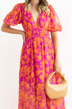 Abstract Geometric Print Deep V-Neck Puff Sleeve Cinched Waist Maxi Dress