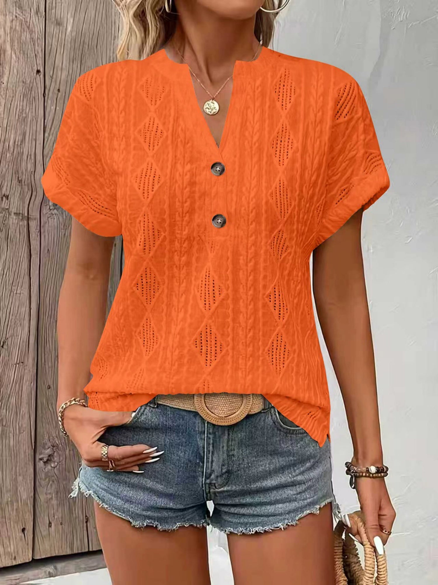 Knitting Buttons V-neck Short Sleeve T-shirts