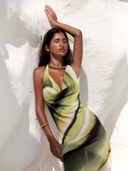 Gradient Print V-neck Slim-fit Bodycon Backless Long Dress