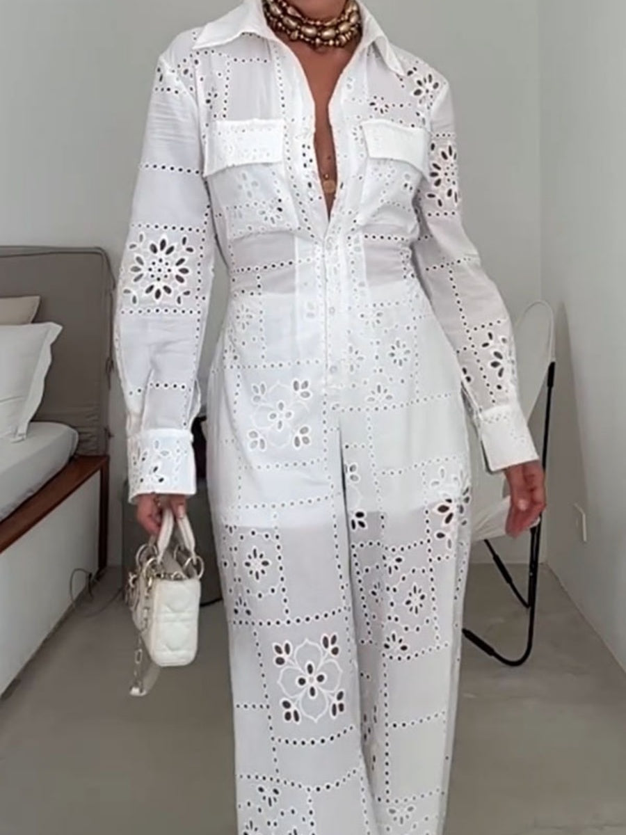 Hollow Applique Straight-leg Vacation Jumpsuit