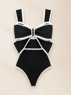 Black And White Color-blocked One-piece Swimsuit With Polka Dot Sun Protection Maxi Dress Two-piece Set