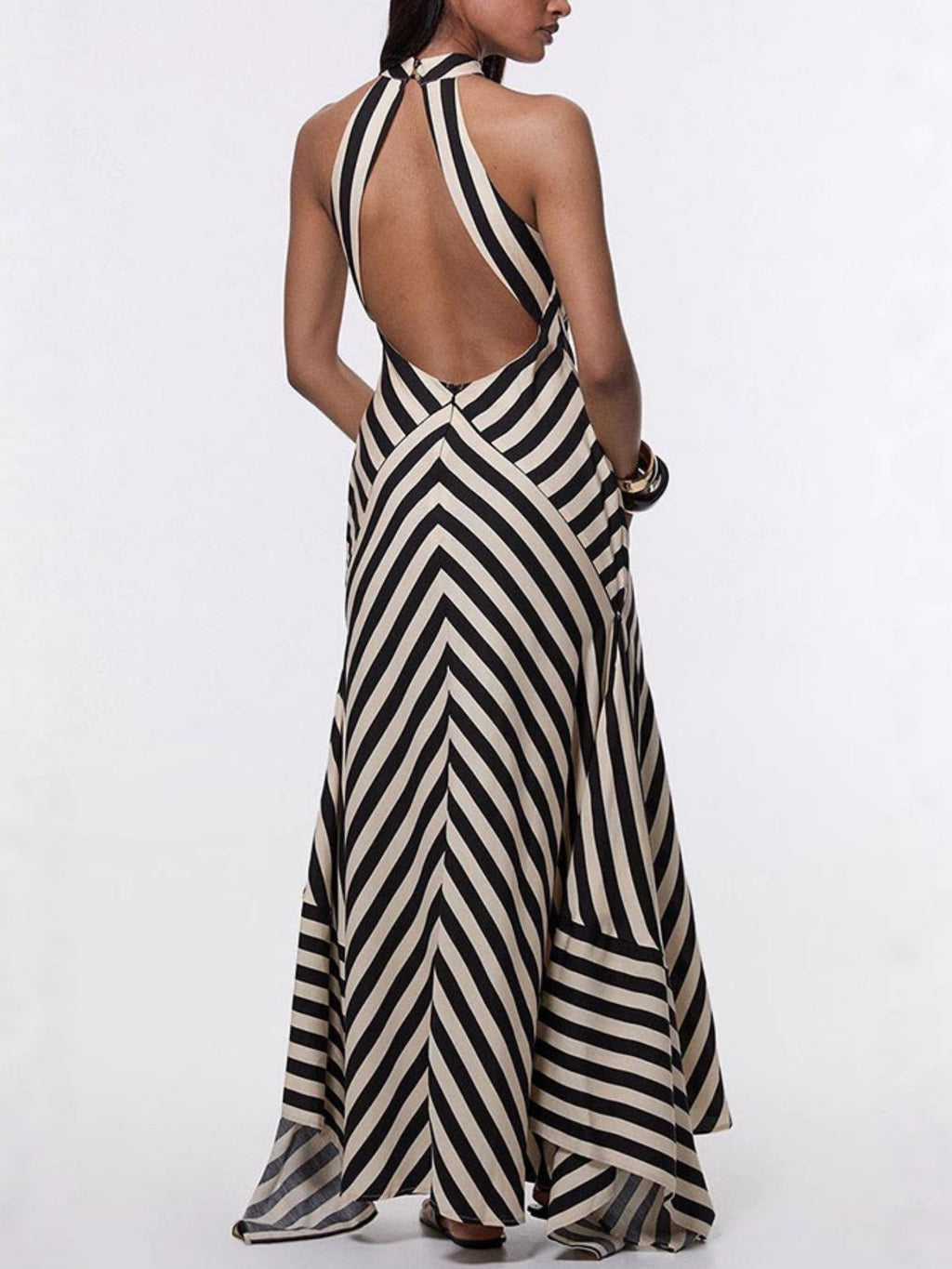 Striped Color Blocking Halter Neck And Backless Maxi Dresses