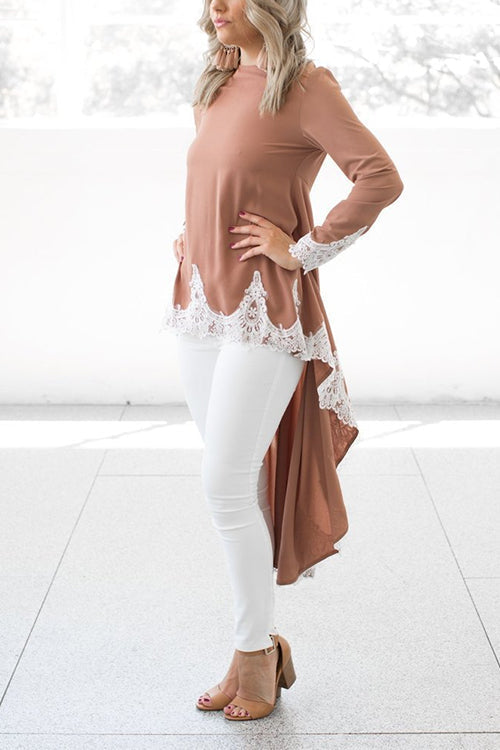 Long Sleeves High Low Hem Lace Trim Blouse Top