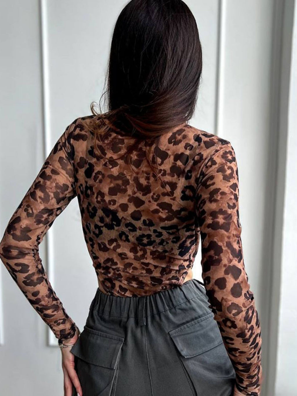 Leopard Print Mesh See-through Long Sleeves Bodysuits