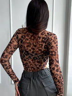 Leopard Print Mesh See-through Long Sleeves Bodysuits