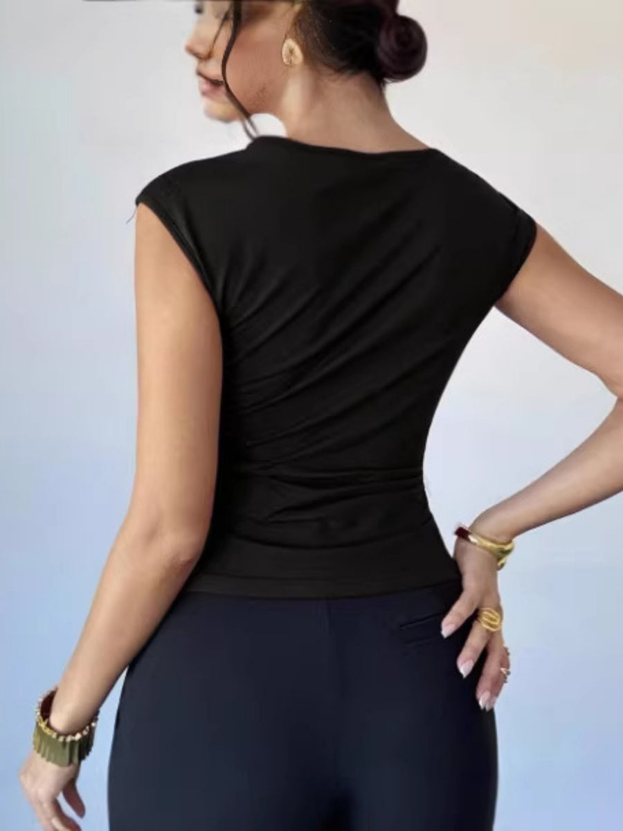 Asymmetrical Off-shoulder Slim-fit Sleeveless T-shirt With Metallic Embellishments