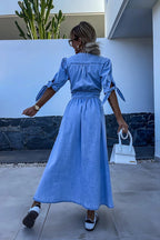 Denim Deep V-Neck Puff Sleeve Button Front Split Midi Dress