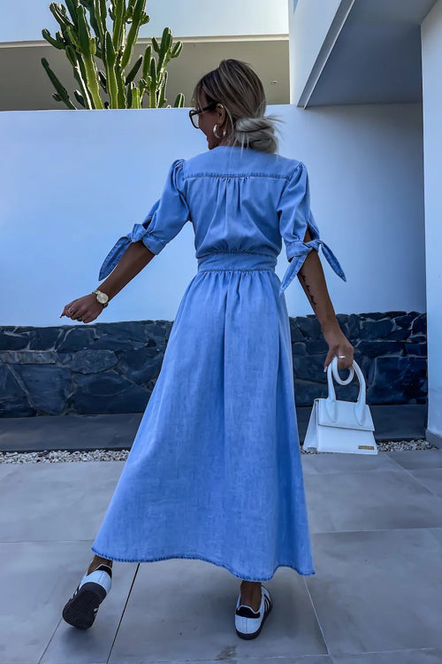Denim Deep V-Neck Puff Sleeve Button Front Split Midi Dress