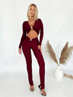 Metal Decoration Pleated Long-sleeved Top Tight High-waisted Trousers 2-piece Sets