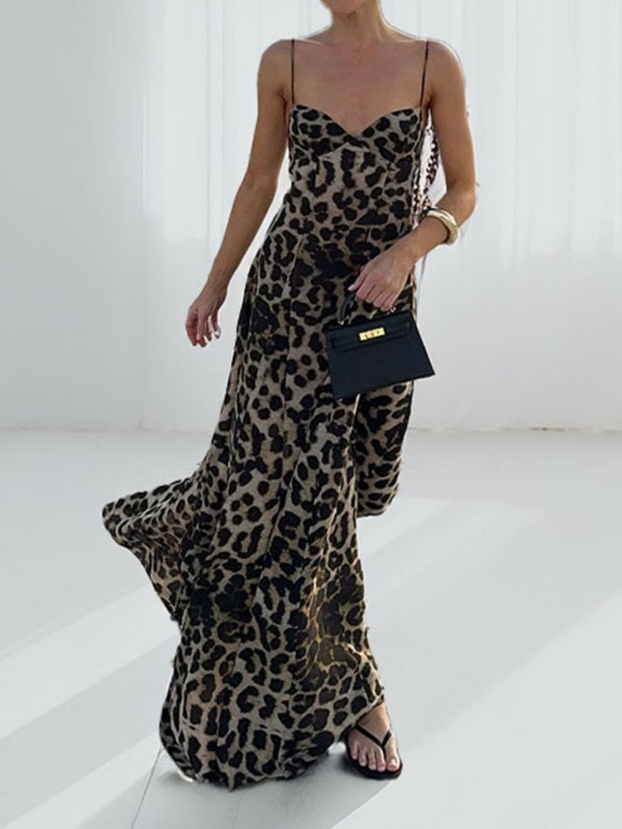 Sexy Leopard Print Halter Maxi Dress