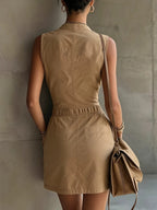 Work Clothes Sleeveless Zipper Pocket Waist Temperament Commuting Mini&Short Dresses
