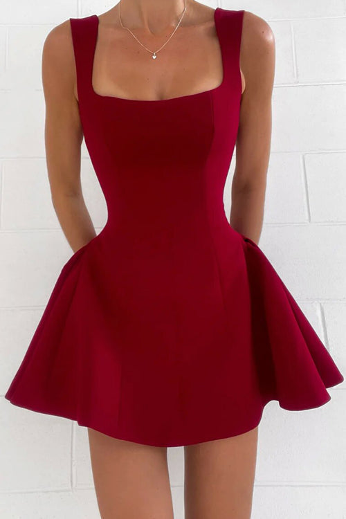 Square Neck Wide Strap Princess Seam Fit and Flare Skater Mini Dress
