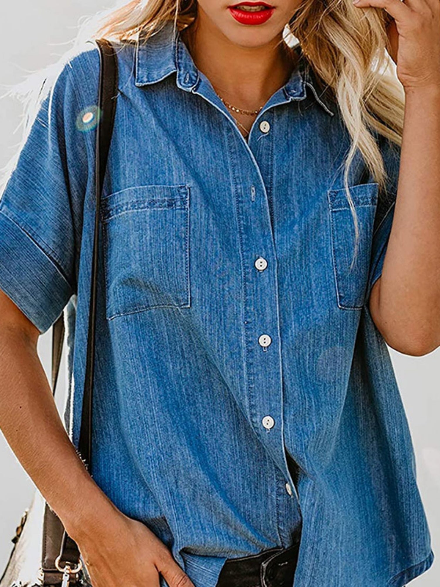 Denim Lapel Pocket Buttons Short-sleeved Shirt
