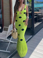 Polka Dots Hollow Out Tassel Sleeveless V-neck Maxi Dresses