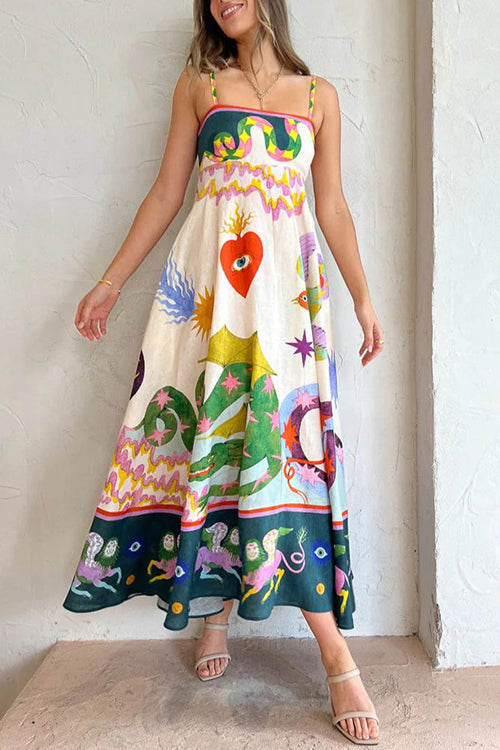 Spaghetti Strap Square Neck Illustrative Print Empire Waist Midi Dress