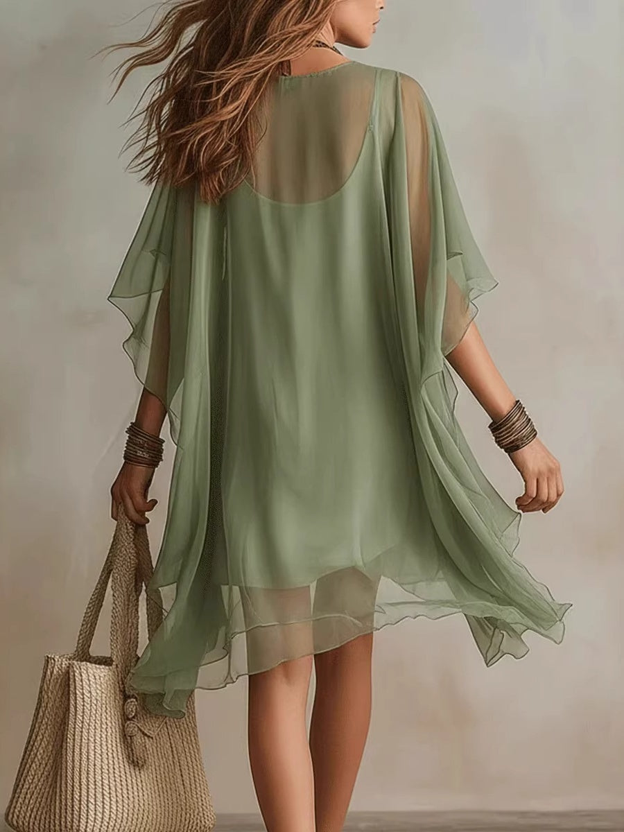 V-neck Chiffon Loose-fit Beach Cover-up Dress Mini&Short Dresses
