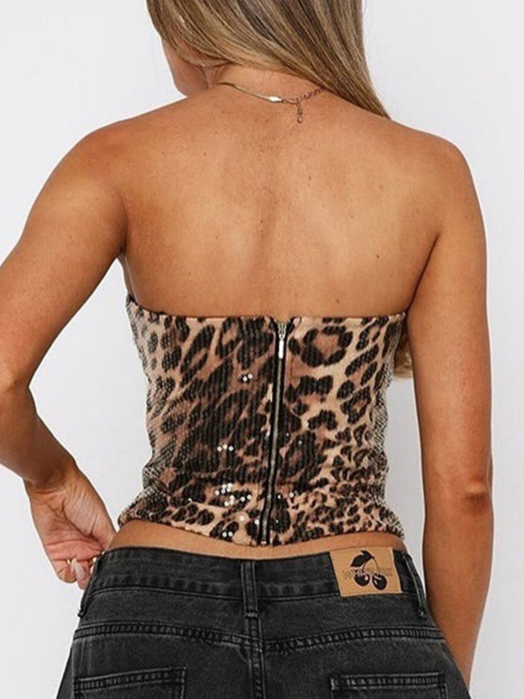 Sequined Leopard Print Elastic Bustier Zipper Bandeau