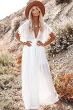 Plunging V-Neck Flutter Sleeve Tie Front Button Pocket Maxi Dress