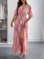 Printed Straps V-neck Short Sleeve Slit Maxi Dresses