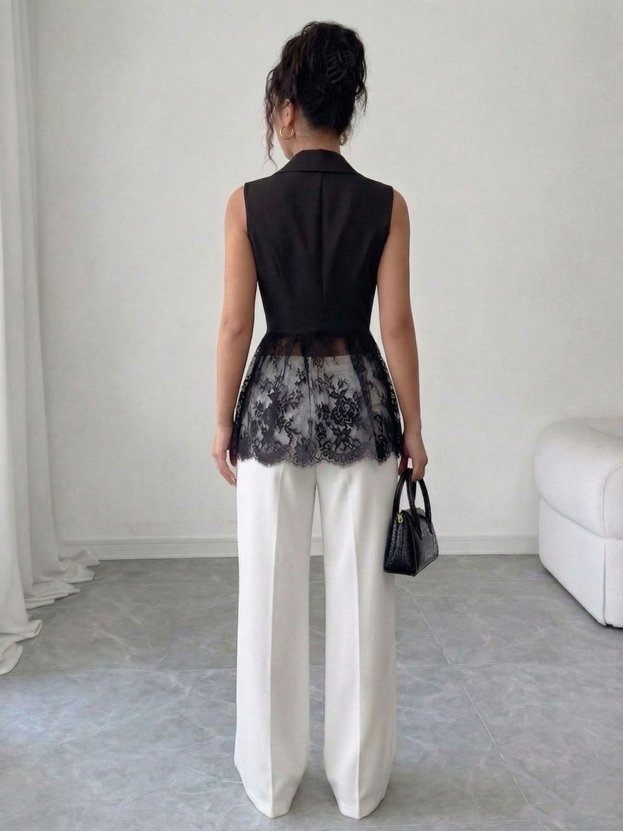 Lace Sleeveless Suit Splicing Hollow Vests