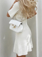 Knitting Buttons Crew Neck Short Sleeve Mini&Short Dresses