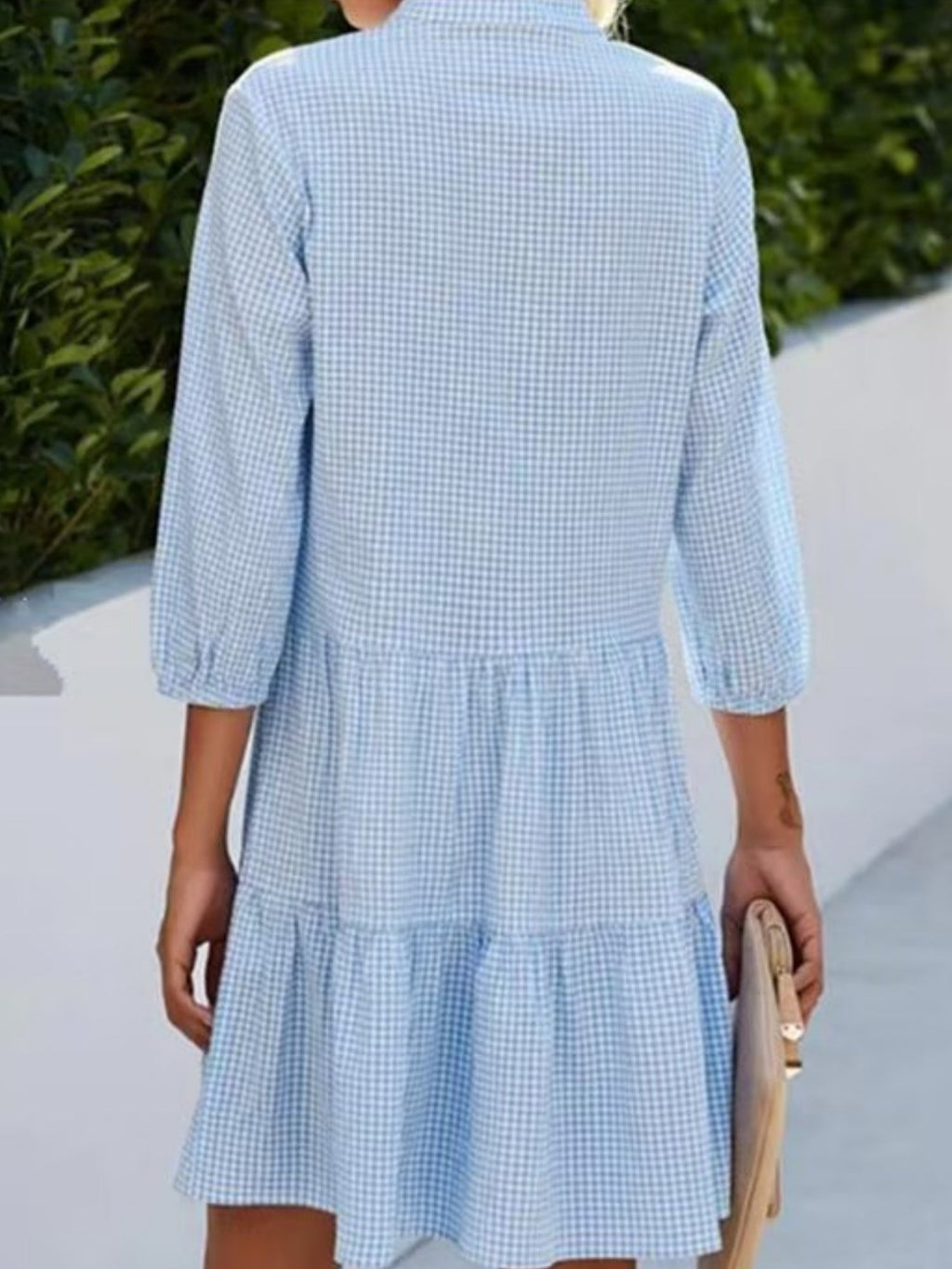 Plaid Buttons Stand Collar And Three-quarter Sleeves Mini&Short Dresses
