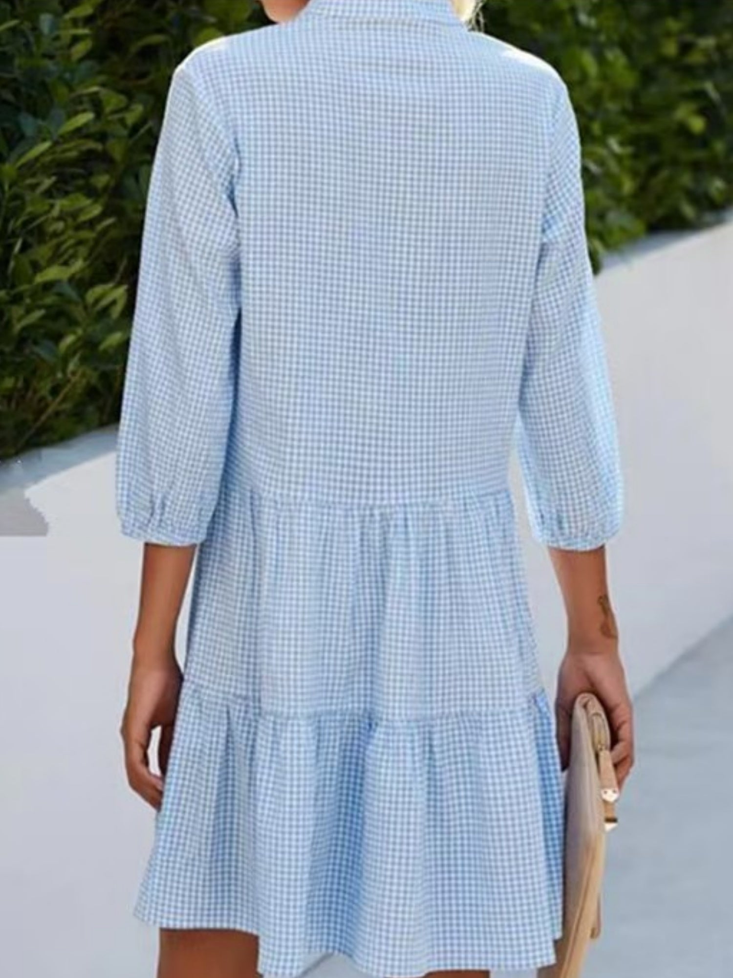 Plaid Buttons Stand Collar And Three-quarter Sleeves Mini&Short Dresses