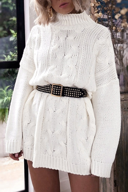 Cable Knit Turtleneck Mini Sweater Dress