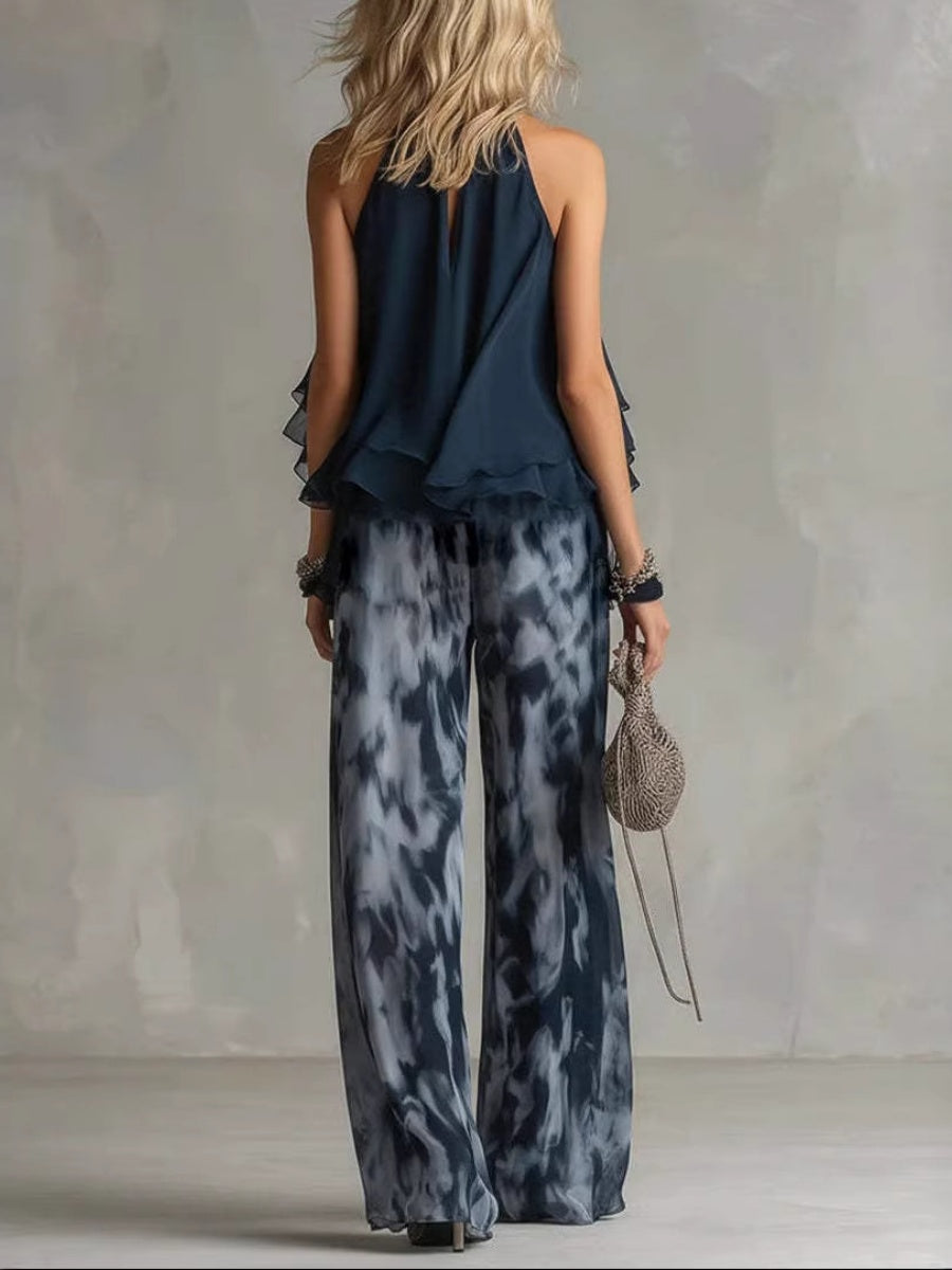 Sleeveless Camisoles Jacket Printed Loose-fit Leggings Chiffon Set 2-piece Sets