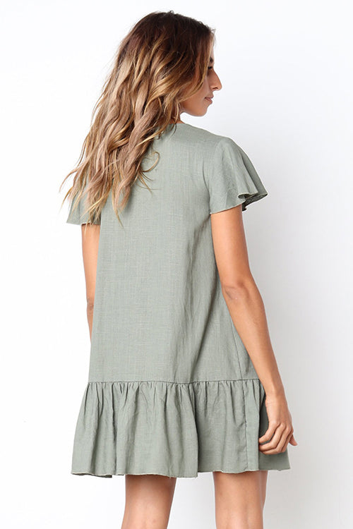 Linen Look V-Neck Button Front Flutter Sleeve Ruffle Hem Mini Dress
