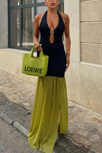 Halter Open Back Cut Out Slit Ruffle Maxi Dress