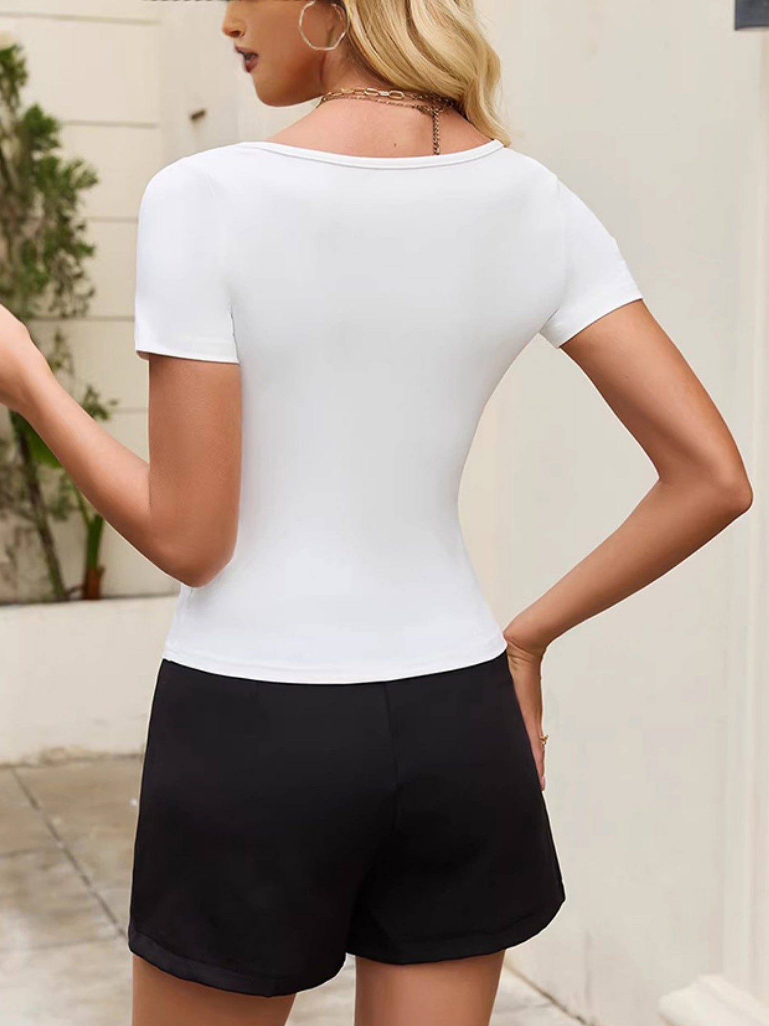 Lace Trim With Chest Cotton Bow Square Neck Short-sleeved T-shirt