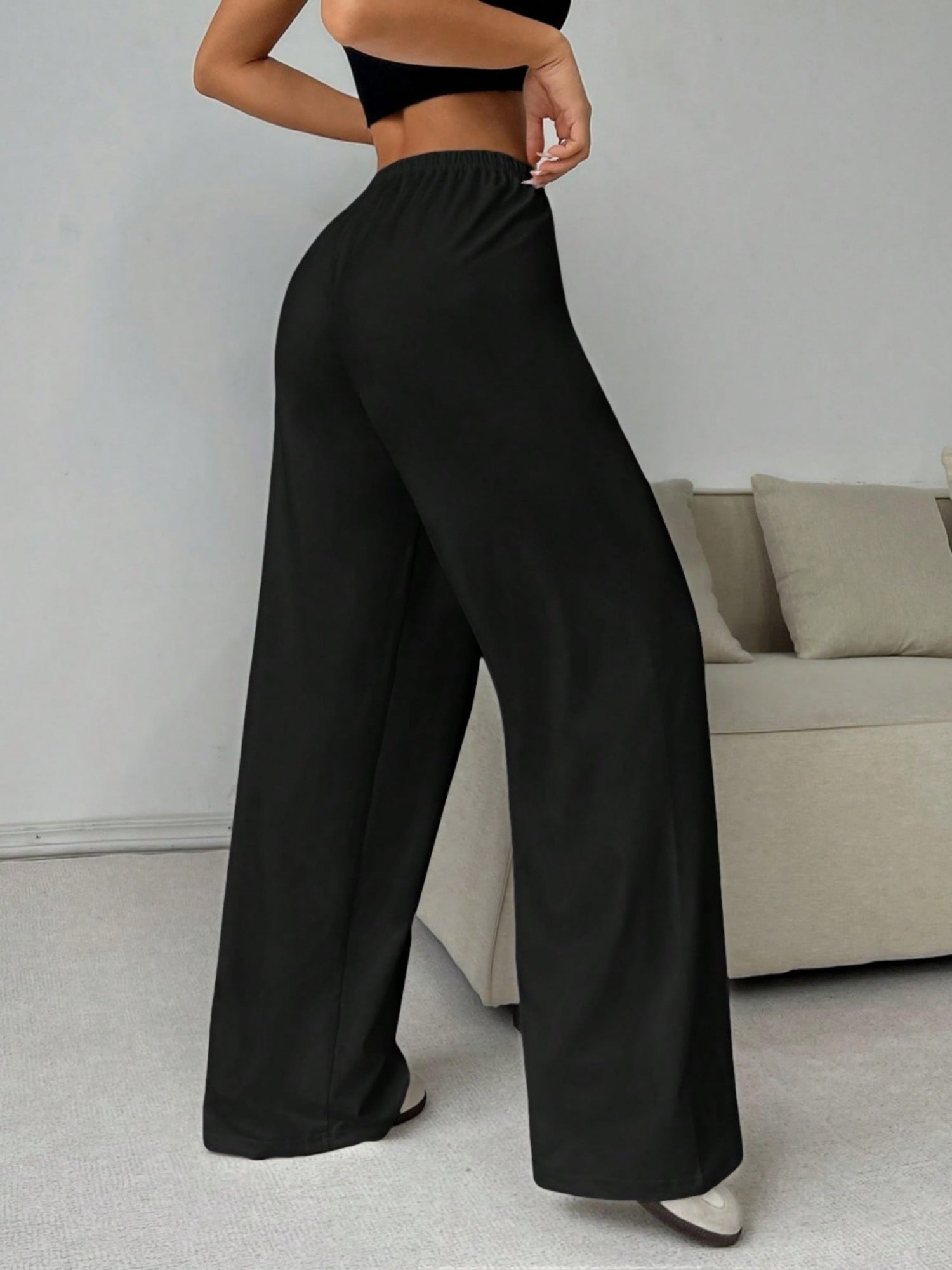 Elastic Waistband Lace Up Wide-leg Pants