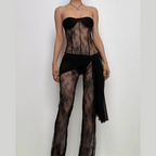 Lace see through solid self tie irregular backless tube jumpsuit  | Festival Outfits Women