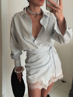 Stripe Lace Shirt & Wrap Skirt Set