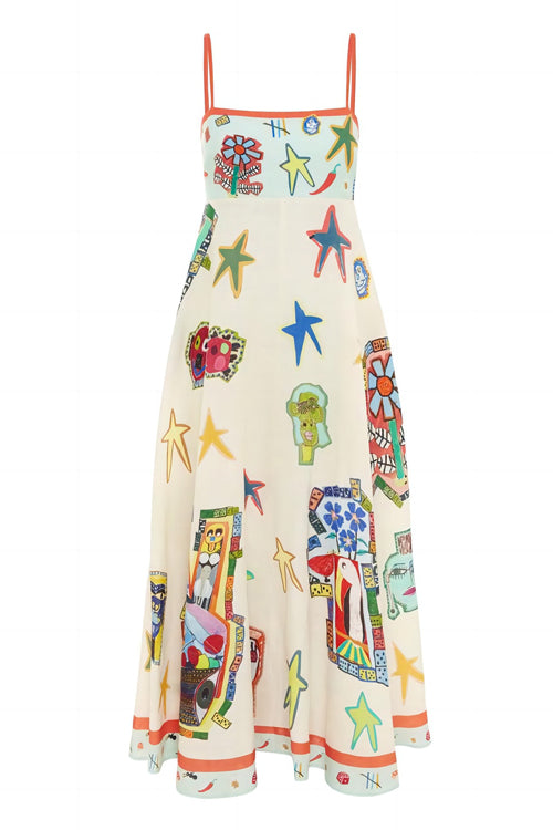 Spaghetti Strap Square Neck Botanical Fruit Print Scalloped Hem Midi Dress