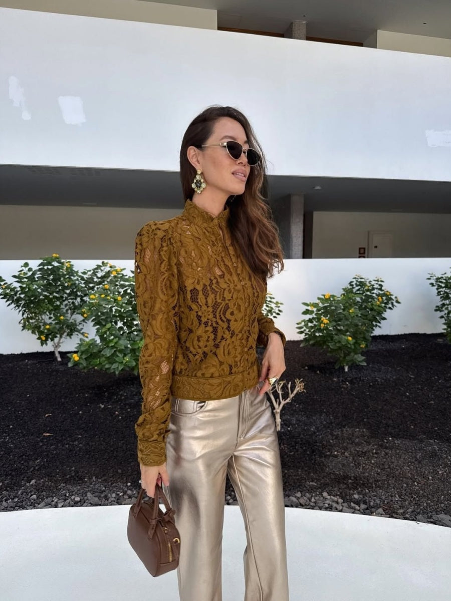 Applique Lace Stand Collar Cardigan Hollow Vacation Shirts