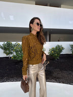 Applique Lace Stand Collar Cardigan Hollow Vacation Shirts