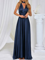 V-neck Satin Ribbon Long Skirt Parties Maxi Dresses