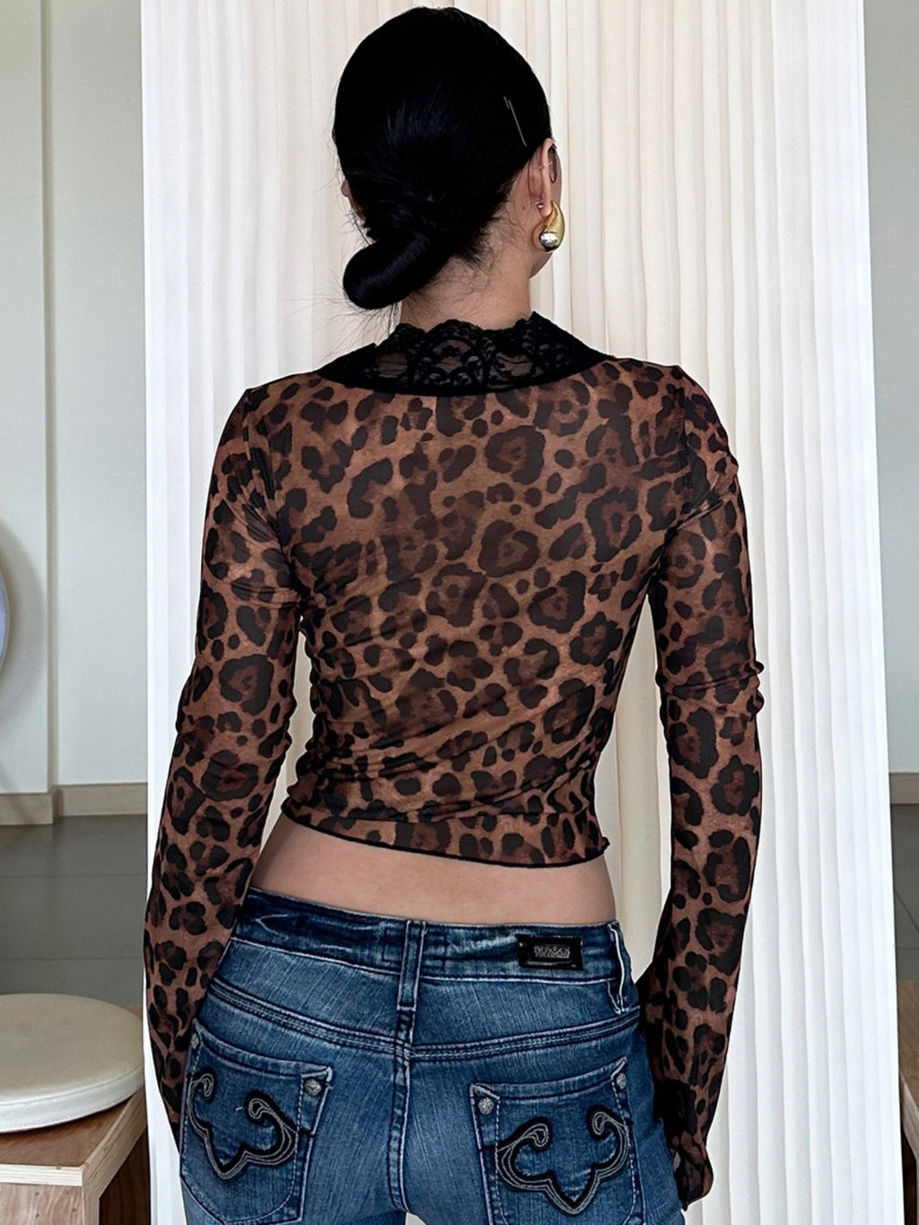 Leopard Print Mesh Lace Patchwork Long-sleeved T-shirt