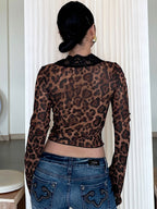 Leopard Print Mesh Lace Patchwork Long-sleeved T-shirt