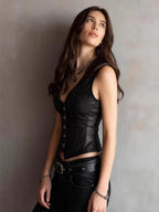 PU Leather Cropped V-neck Vests Tank Tops